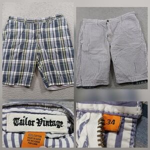 Tailor Vintage Reversible Shorts Men's 34 Blue Plaid & Seersucker Stripe Cotton